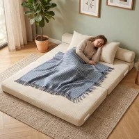 HOMCOM Sofá Cama Plegable 2 en 1 Butaca 2 Plazas Convertible en Terciopelo Acanalado Almohada Bolsillos Laterales Crema(m-11)