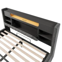 6ft Super King Upholstered Bed with Hydraulic Storage, Stylish Modern Bed Frame with Ambient LED Lighting, 223L x 188W x 115H cm, Grey(m-11)