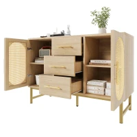 Contemporary Rattan Sideboard with Woven Rattan-Effect Front, Textured Storage Cabinet with Metal Handles, 120L x 40W x 74H cm, Oak(m-2)
