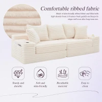 Convertible Sofa Bed with High Backrest and Extra Pillow, Ribbed Corduroy Couch with Dual Side Pockets, 107.5L x 38.5W x 34H cm, Beige(m-4)