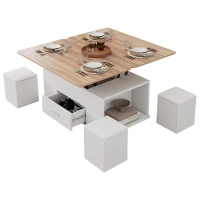 Extendable Lift Top Coffee Table with Hydraulic Lift, Space-Saving Center Table with 4 Hidden-Storage Stools, 100L x 50W x 45H cm, White+Natural(m-2)