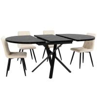 Extendable Dining Table with Marble-Effect Top, Space-Saving Round Table with Sturdy X-Shaped Metal Frame, 100L x 100W x 75.5H cm, Black(m-13)