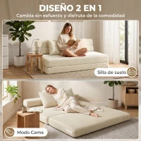 HOMCOM Sofá Cama Plegable 2 en 1 Butaca 2 Plazas Convertible en Terciopelo Acanalado Almohada Bolsillos Laterales Crema(m-4)