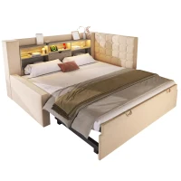 Convertible Daybed Trundle with Clever Storage and Sturdy Frame, Breathable Linen Sofa Bed with Integrated Charging, 204L x 107W x 88H cm, Beige(m-15)