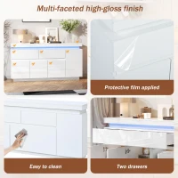 High-Gloss Sideboard with App-Controlled RGB LED Lighting, Freestanding Storage Cabinet with Adjustable Shelves, 140L x 35W x 72.5H cm, White(m-6)