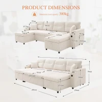 Contemporary 4-Seater Sofa with 2 Chaise Longues, Ribbed Corduroy Couch with Built-In Cup Holders, 272L x 136W x 86H cm, Beige(m-3)
