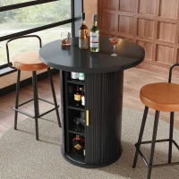Round Bar Table with Metal Handles and Vertical-Slat Reinforced Body, Integrated Cabinet with Sliding Door, 60L x 60W x 91.5H cm, Black(m-7)
