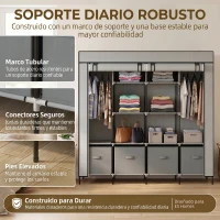 HOMCOM Armario Ropero de Tela Armario Portátil con 10 Compartimentos 2 Rieles Colgantes y 4 Cajones 166x42,5x169,5 cm Gris(m-5)