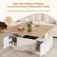 Lift-up Coffee Table with Hidden Storage and Dual Liftable Tops, Space-saving Centre Table for Dining, 100L x 50W x 55.5H cm, White+Natural(m-7)