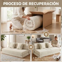 HOMCOM Sofá Cama Plegable 2 en 1 Butaca 2 Plazas Convertible en Terciopelo Acanalado Almohada Bolsillos Laterales Crema(m-8)