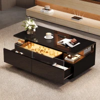 High-Gloss 3-Tier Coffee Table with Removable Tray, Sturdy Center Table with App-Controlled LED Lights, 90L x 45W x 35.5H cm, Black(m-1)