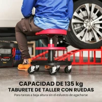 HOMCOM Taburete de Taller Giratorio con Ruedas Altura Ajustable de 40-51 cm y 2 Bandejas Carga 135 kg para Garaje Rojo(m-4)