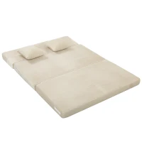 HOMCOM Sofá Cama Plegable 2 en 1 Butaca 2 Plazas Convertible en Terciopelo Acanalado Almohada Bolsillos Laterales Crema(m-17)
