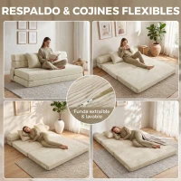 HOMCOM Sofá Cama Plegable 2 en 1 Butaca 2 Plazas Convertible en Terciopelo Acanalado Almohada Bolsillos Laterales Crema(m-7)