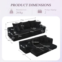 Convertible Sofa Bed with High Backrest and Extra Pillow, Ribbed Corduroy Couch with Dual Side Pockets, 107.5L x 38.5W x 34H cm, Black(m-3)