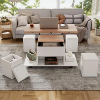 Lift-Top Coffee Table with Hydraulic Lift, Stylish Side Table with 2 Open Shelves, 100L x 50W x 48H cm, Natural+White(m-9)