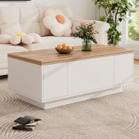Lift-up Coffee Table with Hidden Storage and Dual Liftable Tops, Space-saving Centre Table for Dining, 100L x 50W x 55.5H cm, White+Natural(m-11)