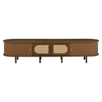 Stylish Oval TV Cabinet with Rattan-Style Fronts, Sturdy Lowboard with 30 kg Load Capacity, 180L x 40W x 40H cm, Walnut(m-15)