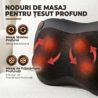 HOMCOM Pernă de Masaj Spate și Gât cu Încălzire și 4 Noduri Shiatsu, pentru Acasă, Birou, Mașină, Negru(m-4)