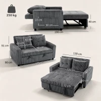HOMCOM Pat-canapea 2 locuri, husă din cord, transformabil în canapea de dormit, 2 perne, buzunare laterale, 157 x 190 cm, gri închis(m-3)