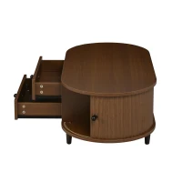 Oval Coffee Table with Sliding Roll-Top Doors, Sturdy Center Table with Two Drawers, 100L X 50W X 36H cm, Walnut(m-15)