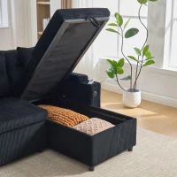 Contemporary 4-Seater Sofa with 2 Chaise Longues, Ribbed Corduroy Couch with Built-In Cup Holders, 272L x 136W x 86H cm, Black(m-12)