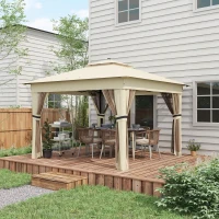 Outsunny Pavillon 3,3x3,3m Wasserabweisend Pop-up Faltpavillon mit LED, Doppeldach, Moskitonetz 4 Seitenteilen Tasche(m-10)