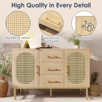 Contemporary Rattan Sideboard with Woven Rattan-Effect Front, Textured Storage Cabinet with Metal Handles, 120L x 40W x 74H cm, Oak(m-5)