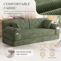 3-Seater Sleeper Sofa with Corduroy High-Back and High-Density Foam, Space-Saving Sofa Bed with 4 Side Pockets, 208L x 80W x 81H cm, Green(m-6)