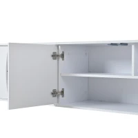Freestanding TV Cabinet with LED Ambient Lighting and Tempered Glass Display, Modern Lowboard with 3 Doors, 180L x 40W x 45H cm, White(m-13)