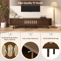 Oval TV Unit with Rattan-Effect Hinged Door, Sturdy Lowboard with 5 Enclosed Compartments, 180L x 40W x 40H cm, Walnut(m-6)