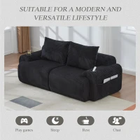 Modular 2-Seater Sofa with Built-In Cup Holder and Side Storage Pocket, Ribbed Corduroy Couch with High-Density Foam, 200L x 99W x 80H cm, Black(m-6)