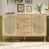 Contemporary Rattan Sideboard with Woven Rattan-Effect Front, Textured Storage Cabinet with Metal Handles, 120L x 40W x 74H cm, Oak(m-1)