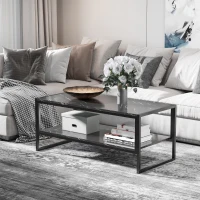HOMCOM Coffee Table, Two-Tier Faux Marble Effect Centre Table with Metal Frame and Storage Shelf for Living Room, 106 x 50 x 45cm, Black(m-2)