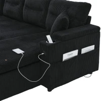 Contemporary 4-Seater Sofa with 2 Chaise Longues, Ribbed Corduroy Couch with Built-In Cup Holders, 272L x 136W x 86H cm, Black(m-14)