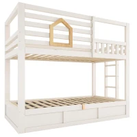 Children's Cabin Bunk Bed with Hydraulic Underbed Storage, Space‑Saving Bed Frame with Integrated Ladder, 200L x 102W x 184H cm, White(m-14)