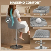 HOMCOM Set 2 Sgabelli da Bar con Schienale, Girevoli e Regolabili in Altezza, Finta Pelle, Grigio Chiaro(m-4)
