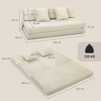 HOMCOM Sofá Cama Plegable 2 en 1 Butaca 2 Plazas Convertible en Terciopelo Acanalado Almohada Bolsillos Laterales Crema(m-3)