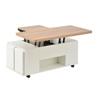 Extendable Lift Top Coffee Table with Hydraulic Lift, Space-Saving Center Table with 4 Hidden-Storage Stools, 100L x 50W x 45H cm, White+Natural(m-14)