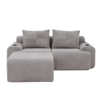 Modular 2-Seater Sofa with Foam-Filled Plush Seats, Light Grey Corduroy Couch with Built-In Cup Holder, 200L x 174W x 80H cm, Light Gray(m-2)