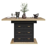 Extendable Dining Table with Wood-Grain High-Density MDF Top, Telescopic Kitchen Table with 2 Drawers, 110L x 80W x 75H cm, Black(m-2)