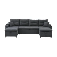 Contemporary 4-Seater Fabric Sofa with 2 Chaise Longues, Minimalist U-Shaped Couch with Integrated Cup Holders, 272L x 136W x 86H cm, Dark Gray(m-2)
