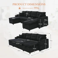 Contemporary 4-Seater Sofa with 2 Chaise Longues, Ribbed Corduroy Couch with Built-In Cup Holders, 272L x 136W x 86H cm, Black(m-3)