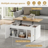 Height-Adjustable Coffee Table with Hydraulic Lift and Divided Shelves, Minimalist Center Table with Rounded Corners, 95L x 46W x 45H cm, White(m-4)
