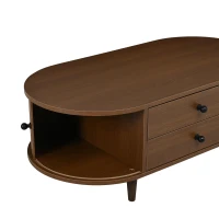 Oval Coffee Table with Sliding Roll-Top Doors, Sturdy Center Table with Two Drawers, 100L X 50W X 36H cm, Walnut(m-9)
