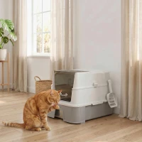 PawHut Litieră Acoperită 3 în 1 pentru Pisici, 68 L, cu Capac, Tavă Detașabilă din Oțel Inoxidabil, Lopățică, Alb și Gri(m-9)
