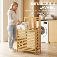 HOMCOM Coș de Rufe din Bambus 64L cu Capac, 2 Saci din Material Oxford Detașabili și Lavabili, Culoare Lemn(m-6)