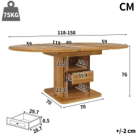 Extendable Dining Table with Space-Saving Round-to-Oval Design, Elegant Convertible Table with Smooth Metal Handle, 118L x 118W x 76H cm, Brown(m-3)