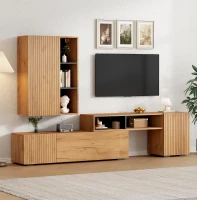 Sleek TV Wall Unit Set with Flexible Length Up to 265 cm, Freestanding Display Cabinet Set with Adjustable Sections, 265L x 35W x 53.5H cm, Wood(m-7)
