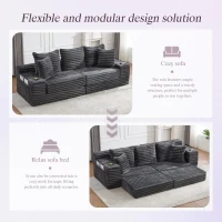 Convertible Sofa Bed with High Backrest and Extra Pillow, Ribbed Corduroy Couch with Dual Side Pockets, 107.5L x 38.5W x 34H cm, Dark Gray(m-5)